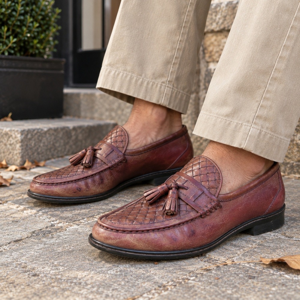Vintage Florsheim Tassel Loafers Woven Leather Grandpacore Brown Men's 9D Brazil